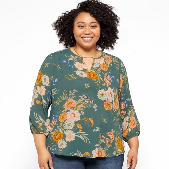 Monday Fun Womens Green Floral Blouse 3/4 Sleeve Split Neck, Size 1X Cottagecore - Picture 12 of 12